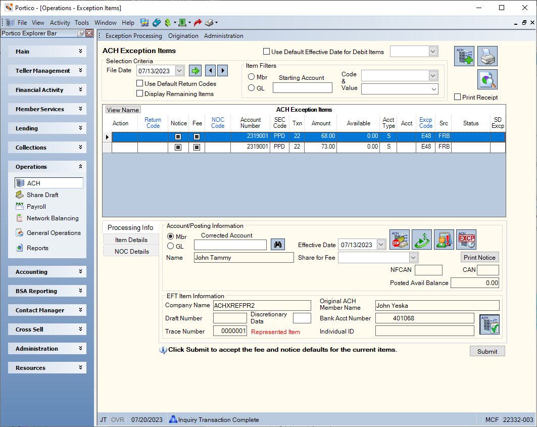 ACH Exception Items