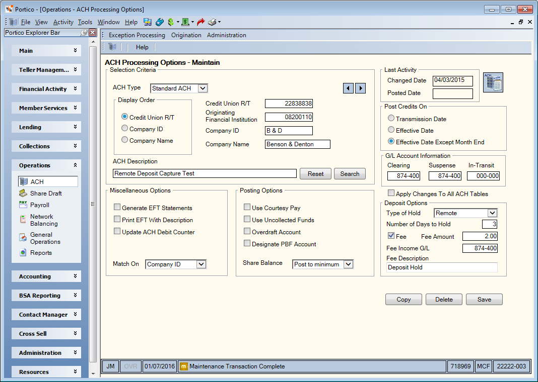 ACH Processing Options