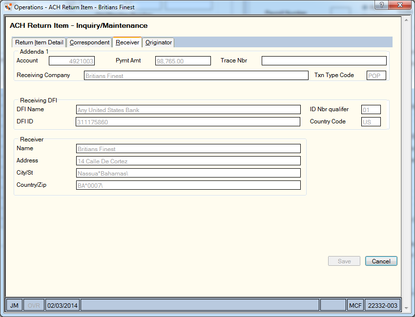 ACH Return Item - Receiver ACH Return Item - Receiver