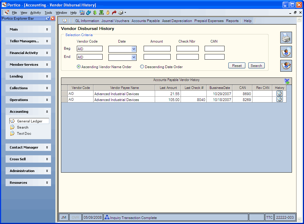 Vendor Disbursal History