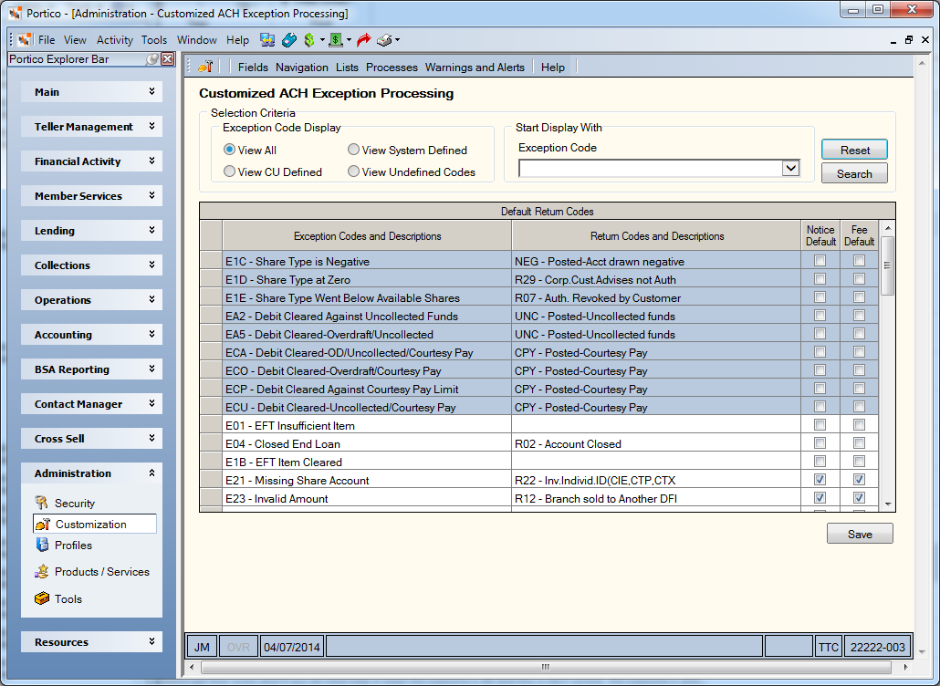Customiaed ACH Exception Processing