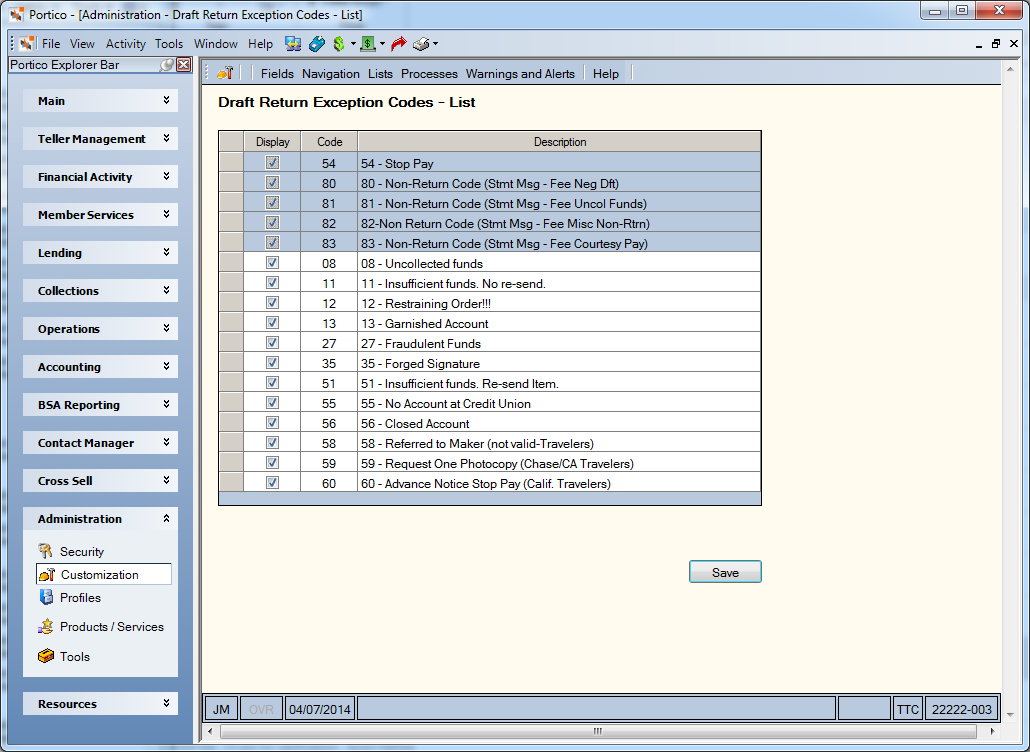 Draft Return Exception Codes - List
