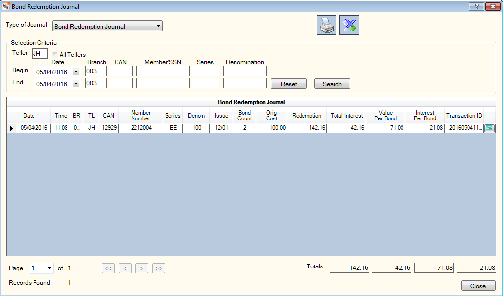 Bond Redemption Journal - Teller Item Capture Bond Redemption Journal - Teller Item Capture