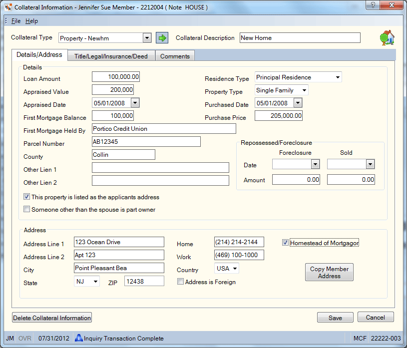 Collateral Information - Details/Address Collateral Information - Details/Address