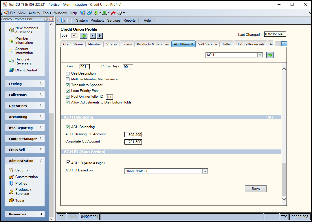 Credit Union Profile - ACH ID (Auto Assign)