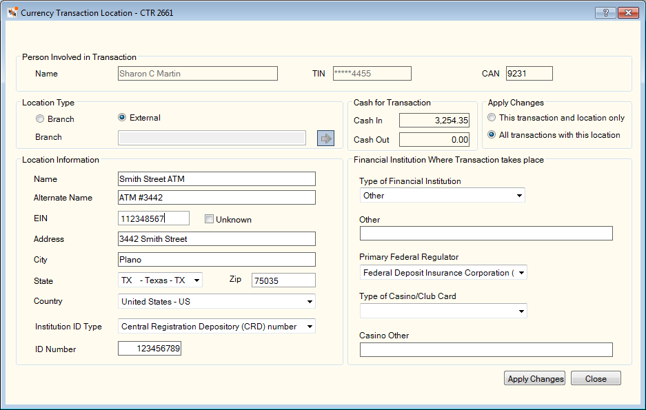 Currency Transaction Location - External Currency Transaction Location - External
