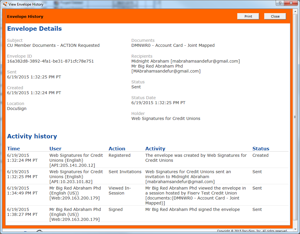 Web Signatures Envelope History