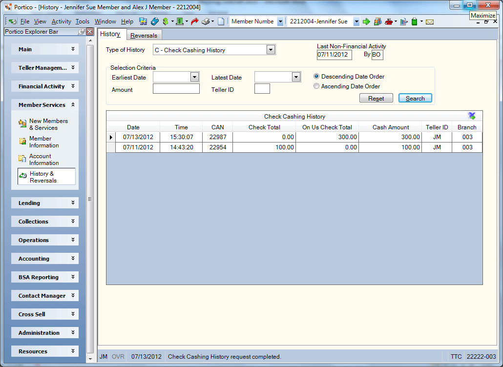 History - Check Cashing History