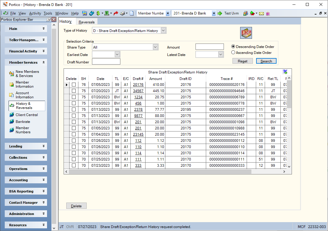 History - Share Draft Exception/ Return History