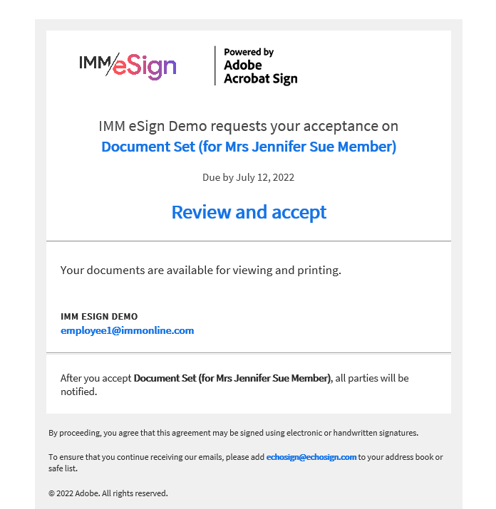 IMM eSign email