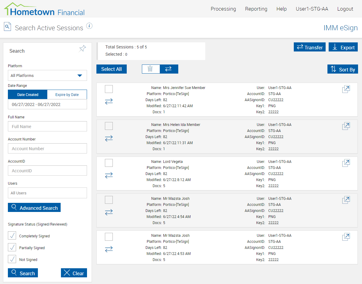 IMMeSign Search Active Sessions