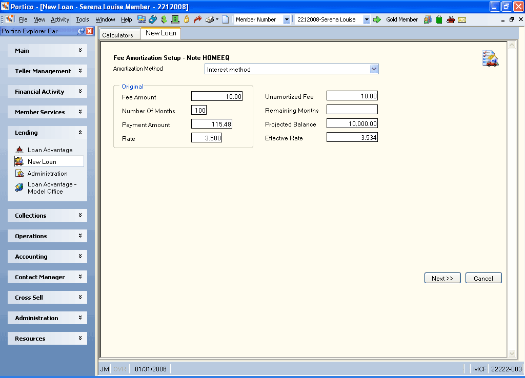 New Loan - Fee Amortization Setup