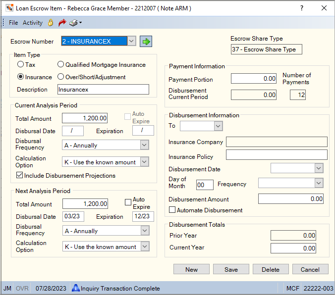Loan Escrow Item Loan Escrow Item