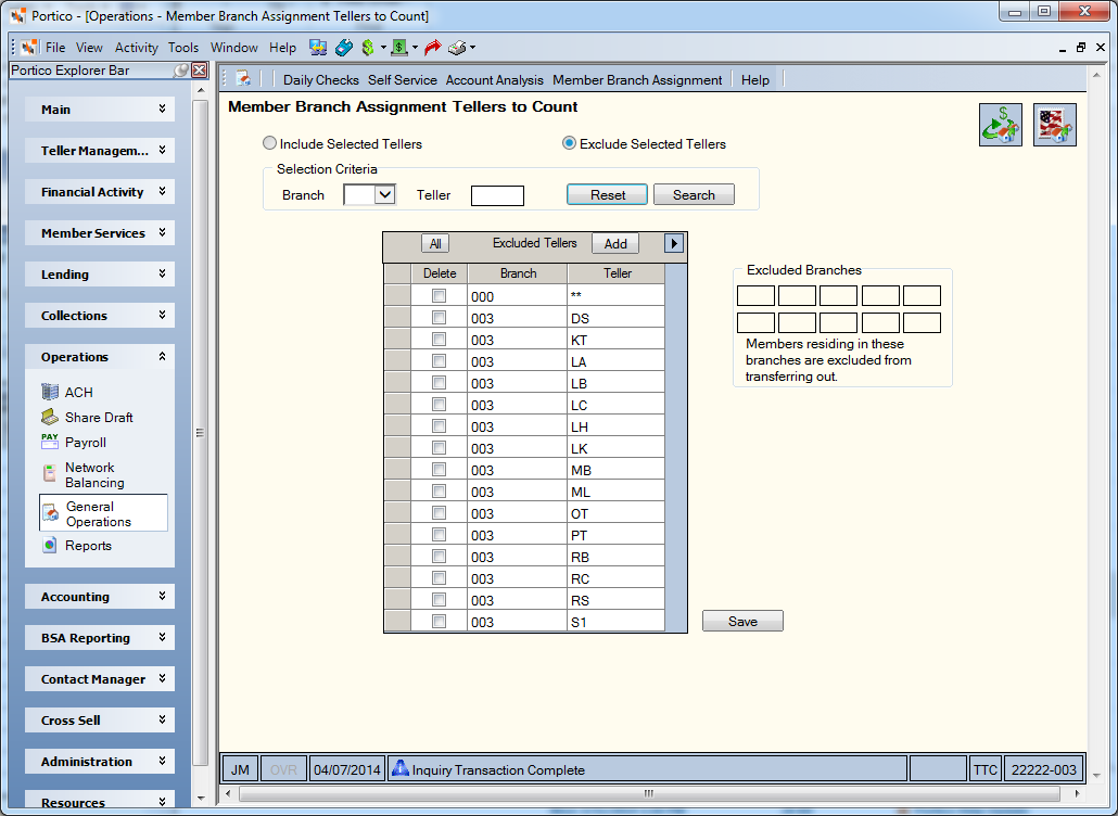 Member Branch Assignment Tellers to Count