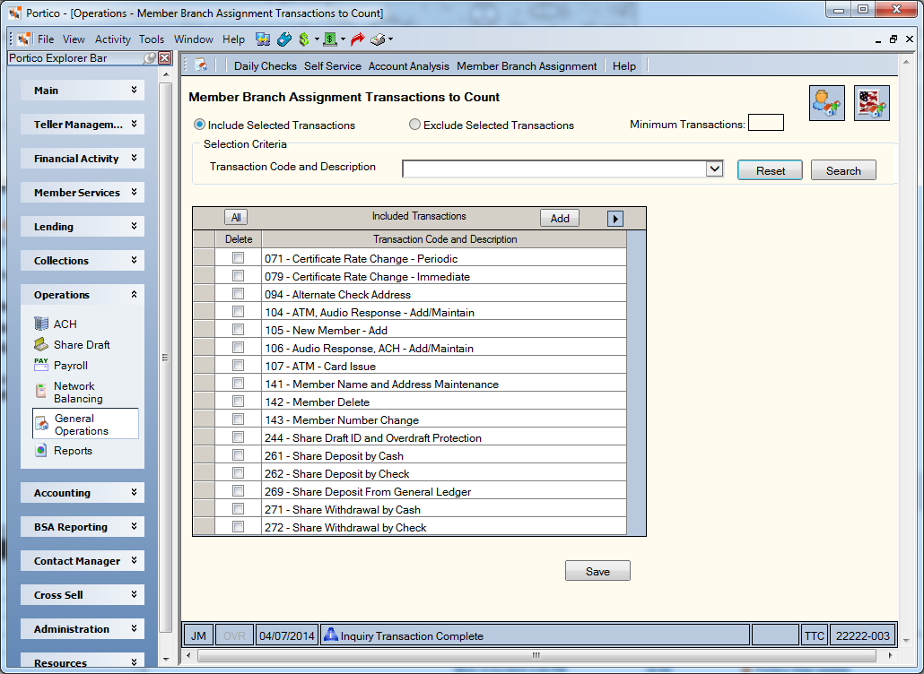 Member Branch Assignment Transactions to Count