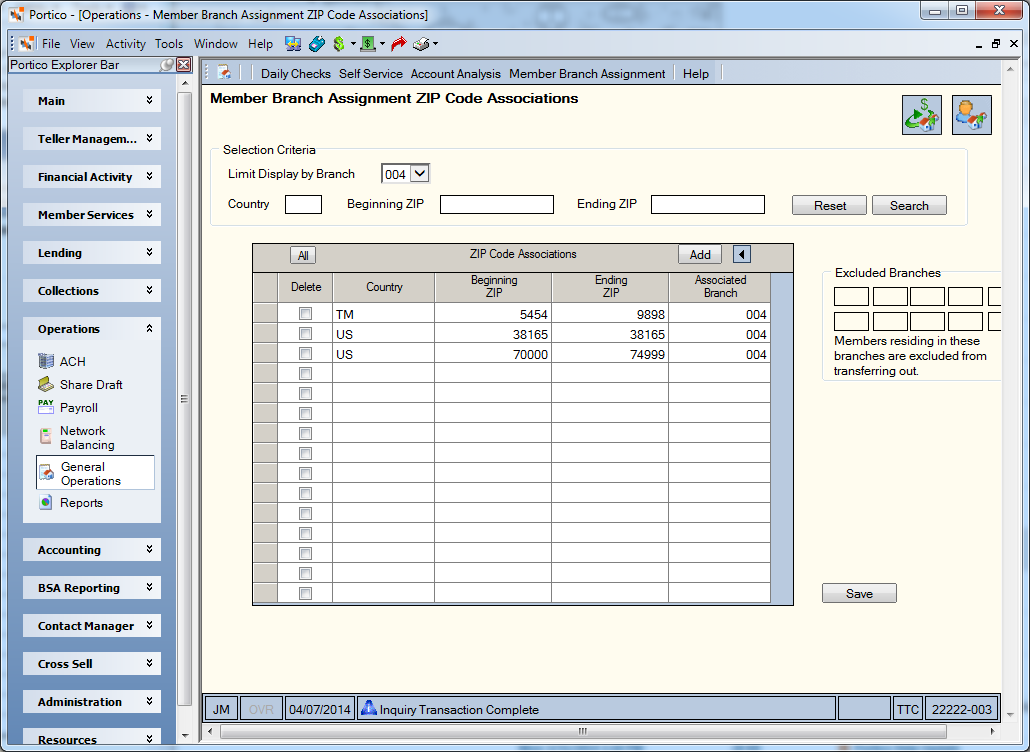 Member Branch Assignment ZIP Code Associations