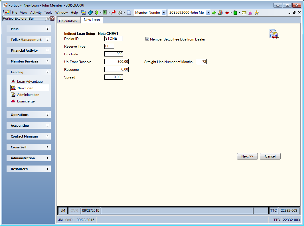 New Loan - Indirect Loan Setup