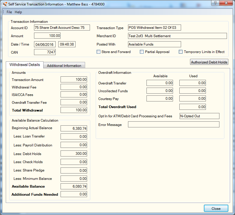 Self Service Transaction Information - Item 2 of 3