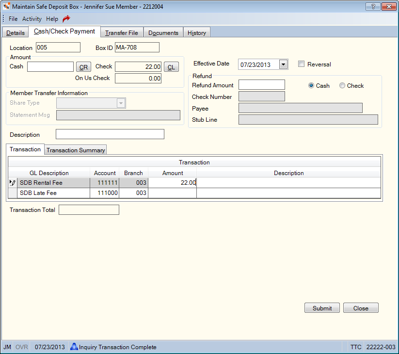 Maintain Safe Deposit Box - Cash/Check Payment Maintain Safe Deposit Box - Cash/Check Payment