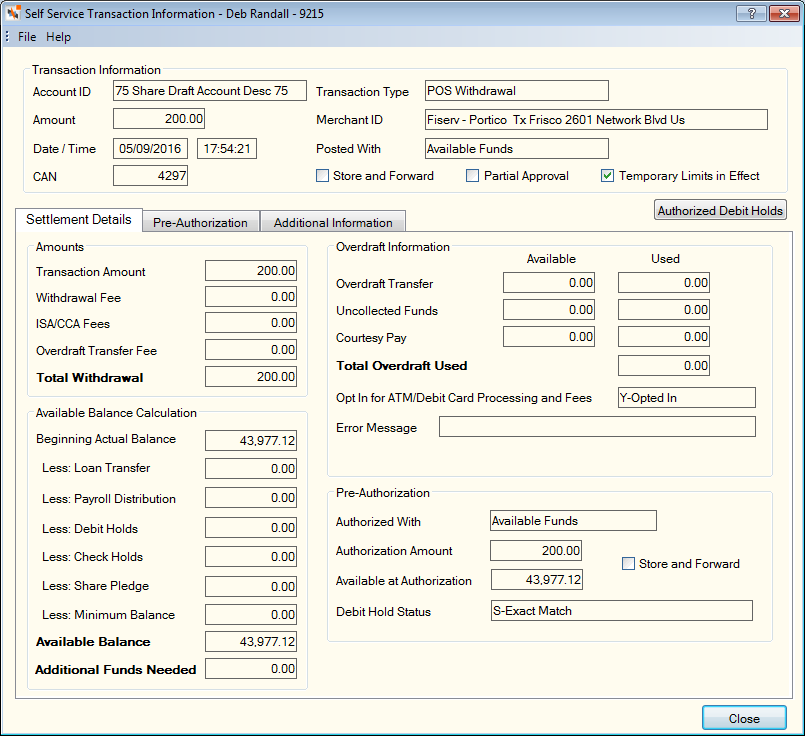Self Service Transaction Information - Temp Limits