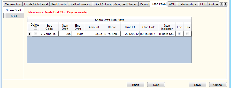Stop Pays - Share Draft