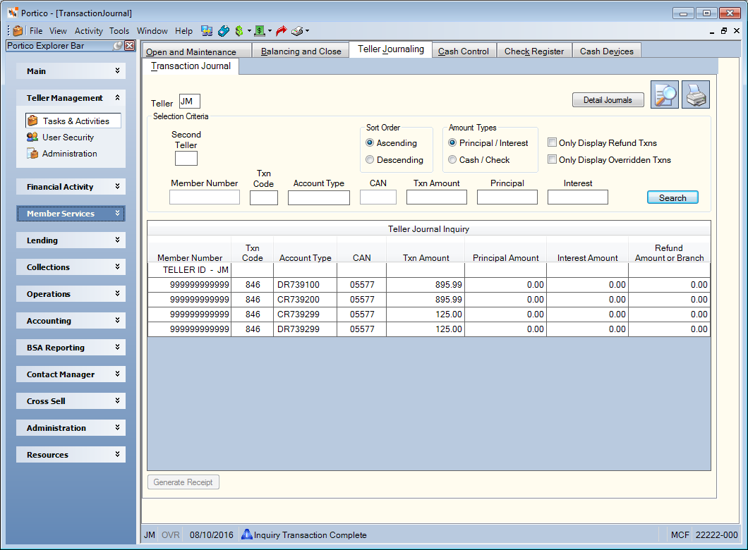 Transaction Journal - Non-Teller Administration