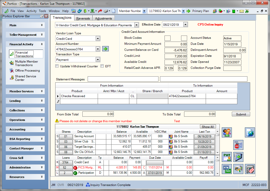 Transactions - Vendor Credit Card, Mortgage & Education Payments