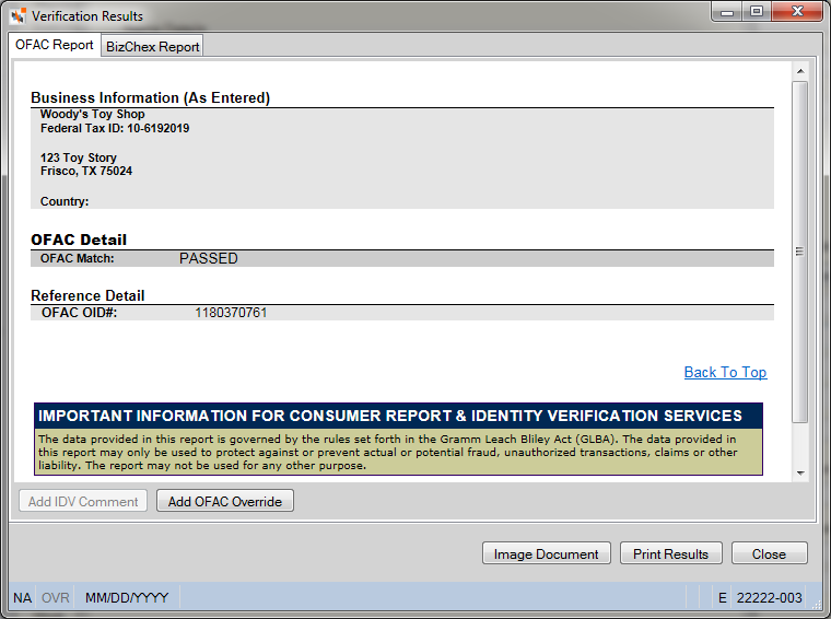 Verification Results - OFAC Report Verification Results - OFAC Report