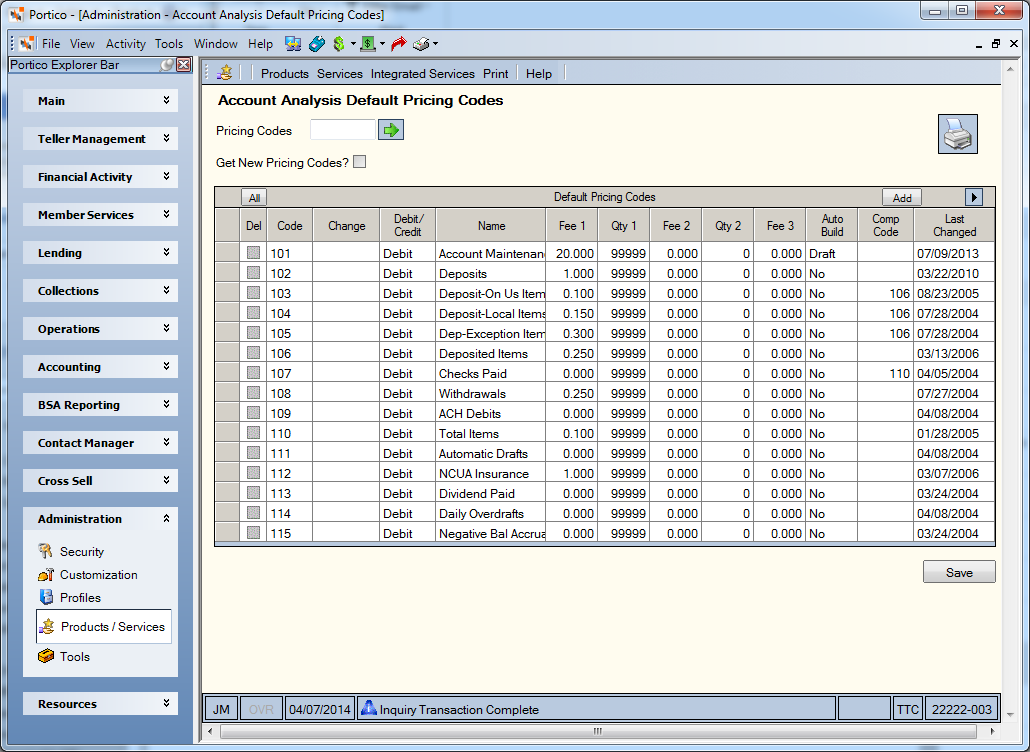 Account Analysis Default Pricing Codes