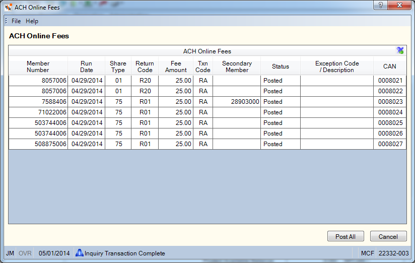 ACH Online Fees