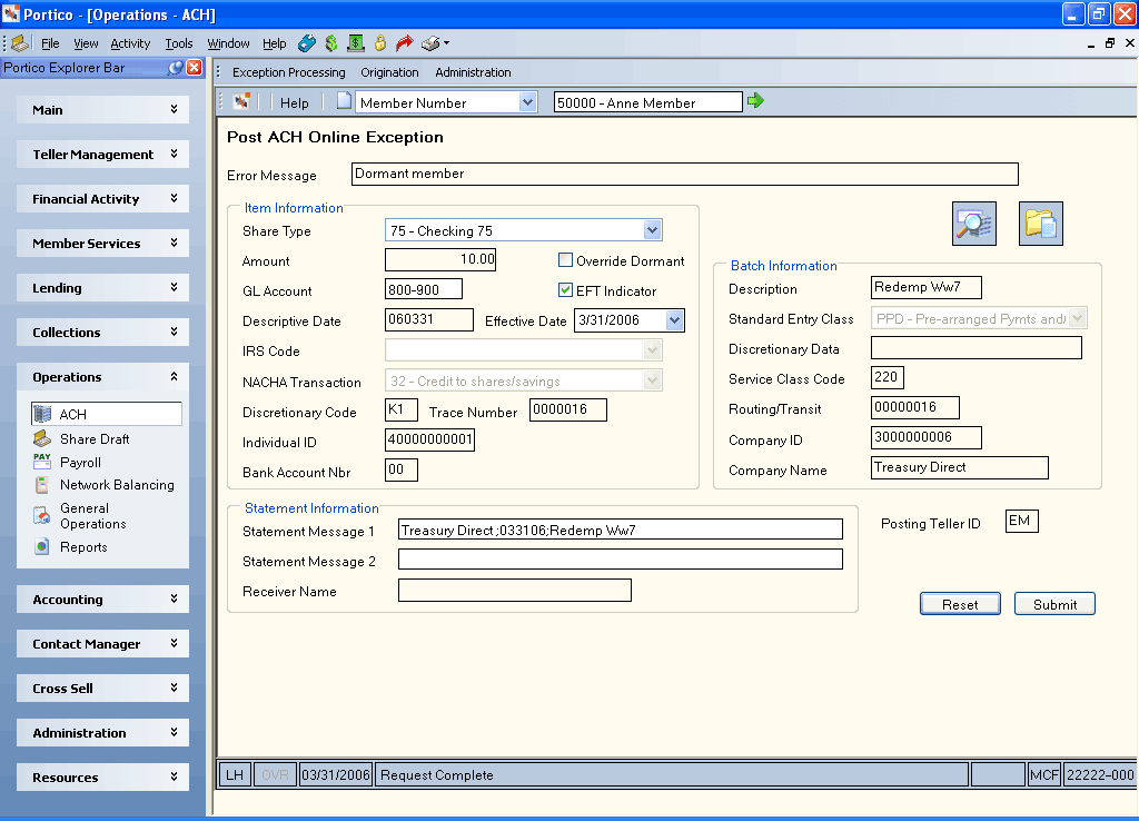 Post ACH Online Exceptions