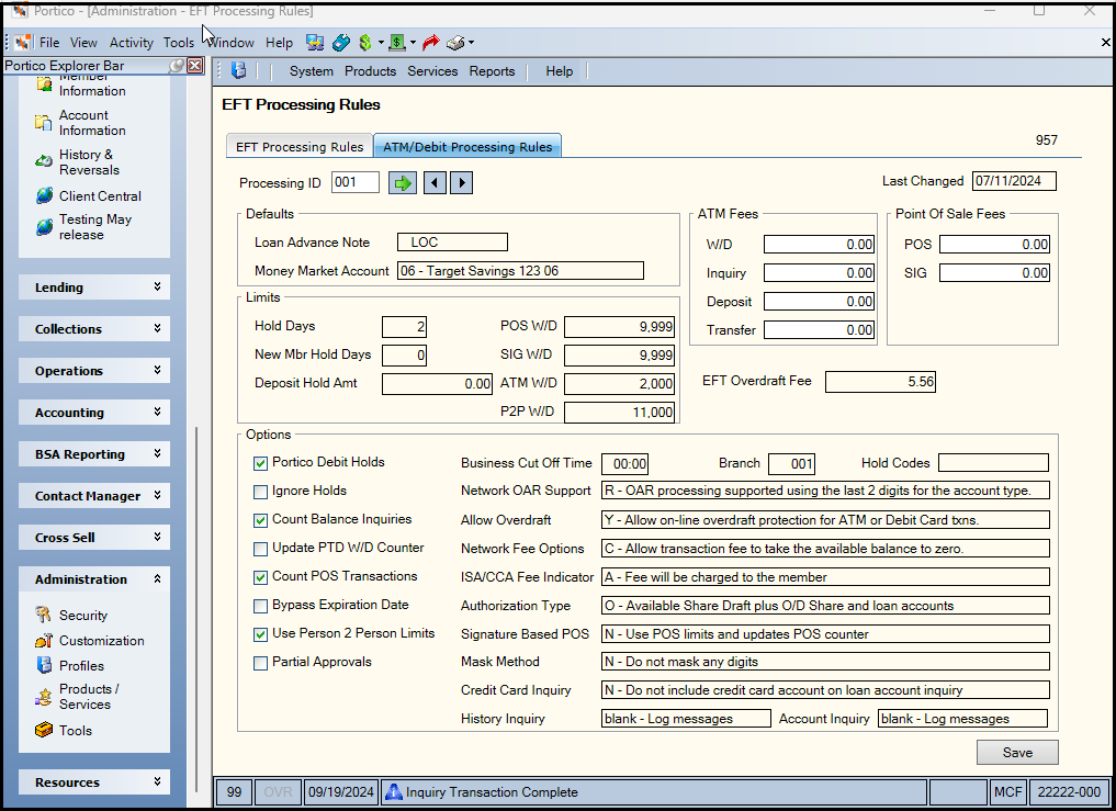 ATM/Debit Processing Rules tab