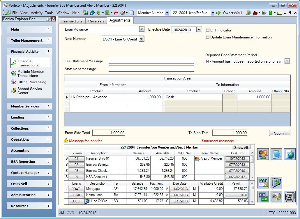 Adjustments - Loan Advance from General Ledger