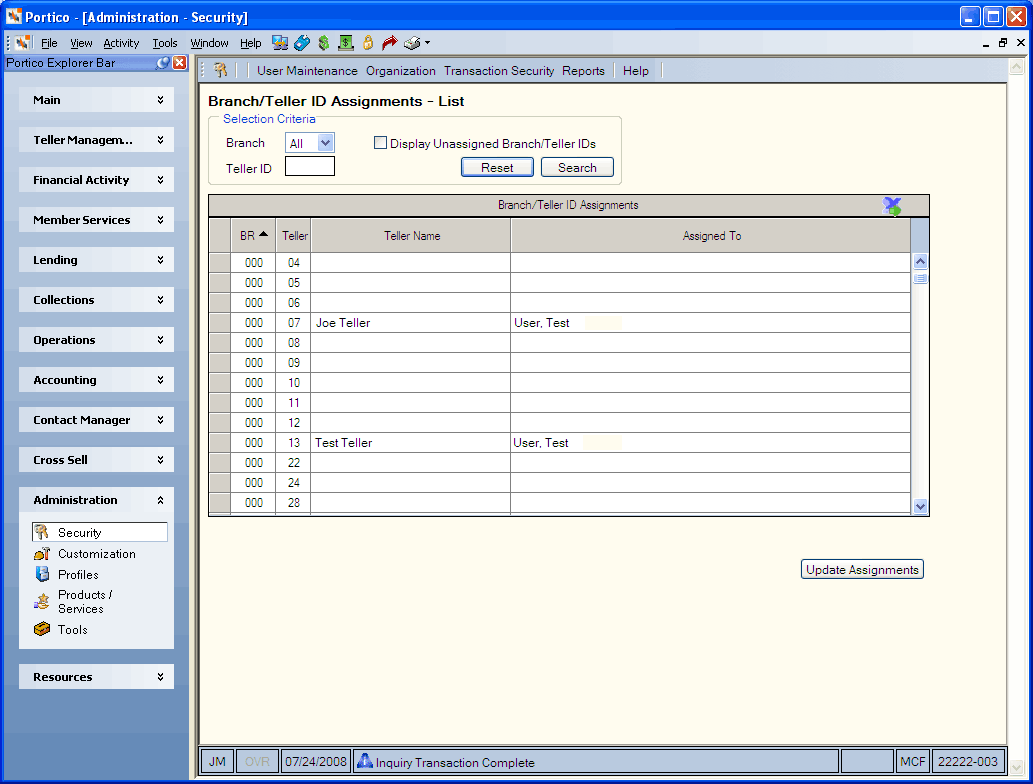 Branch/Tellerr ID Assignments - List