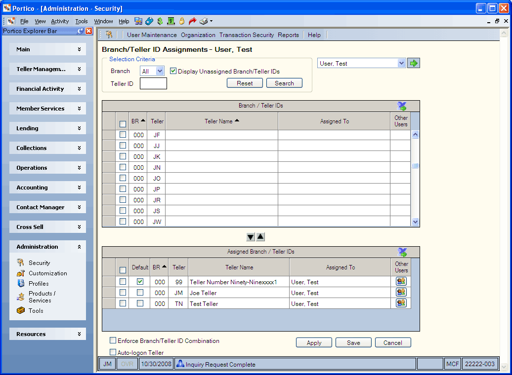 Branch/Teller ID Assignments