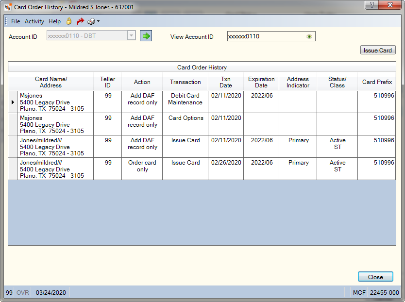 MVFE Card Order History MVFE Card Order History