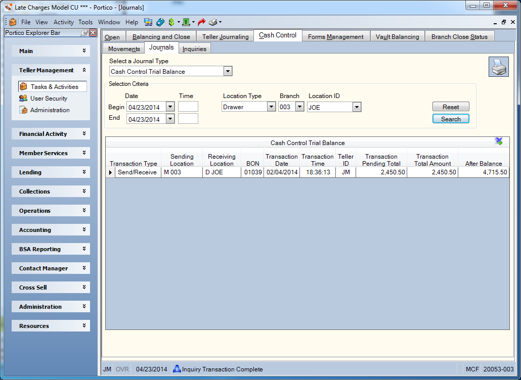 Journals - Cash Control Trial Balance
