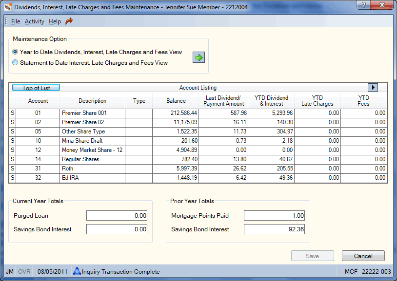 Dividends, Interest and Late Charge Maintenance