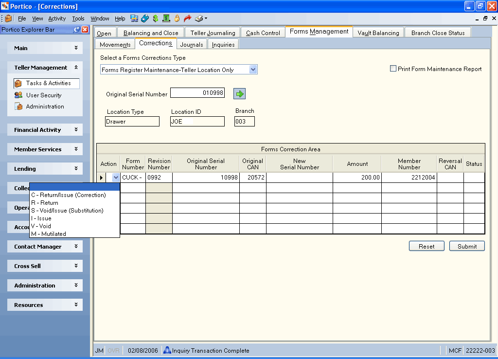 Corrections - Forms Register Maintenance - Teller Locations Only