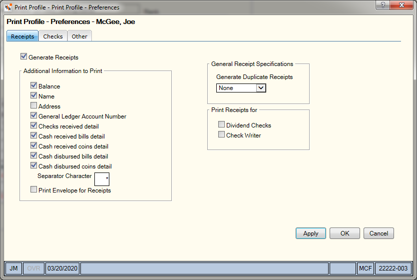 Print Profile - Preferences - Receipts