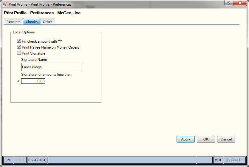 Print Profile - Preferences - Checks