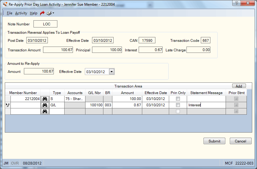 Re-Apply Prior Day Loan Activity Re-Apply Prior Day Loan Activity