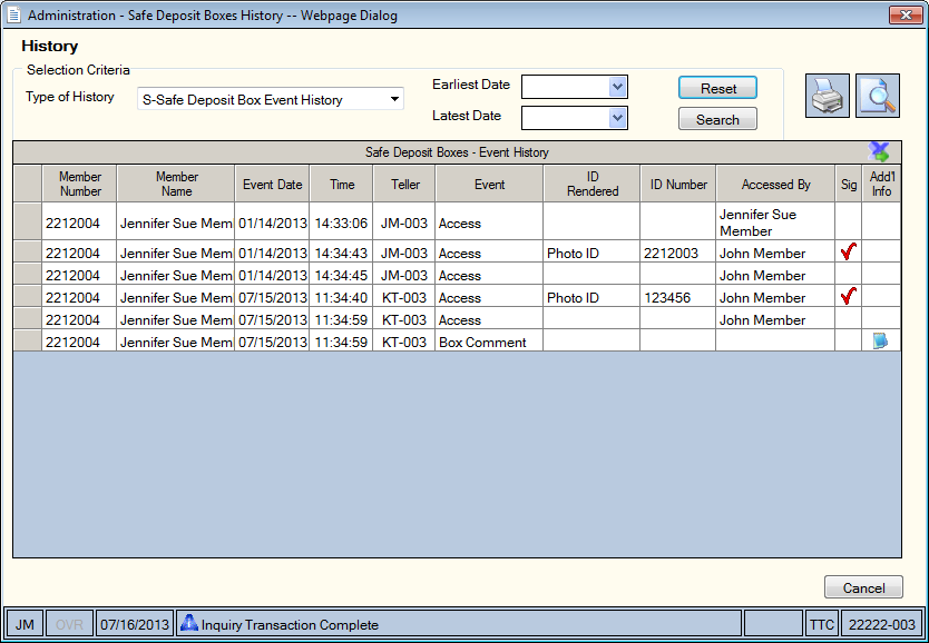 Administration - Safe Deposit Box Event History