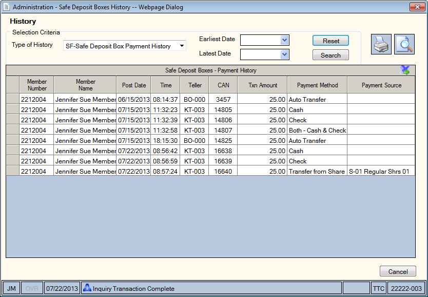 Administration - Safe Deposit Box Payment History