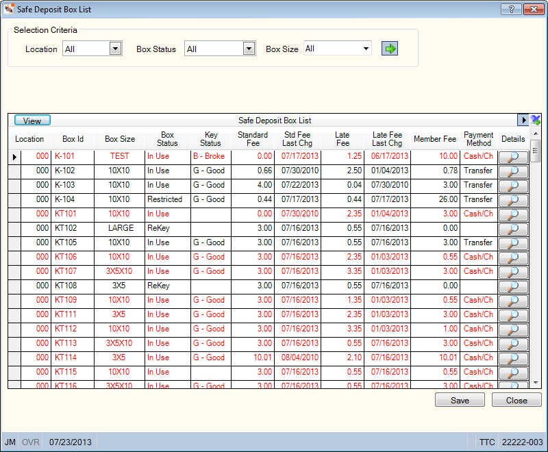 Safe Deposit Box List View Safe Deposit Box List View