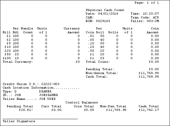 Physical Cash Count Physical Cash Count