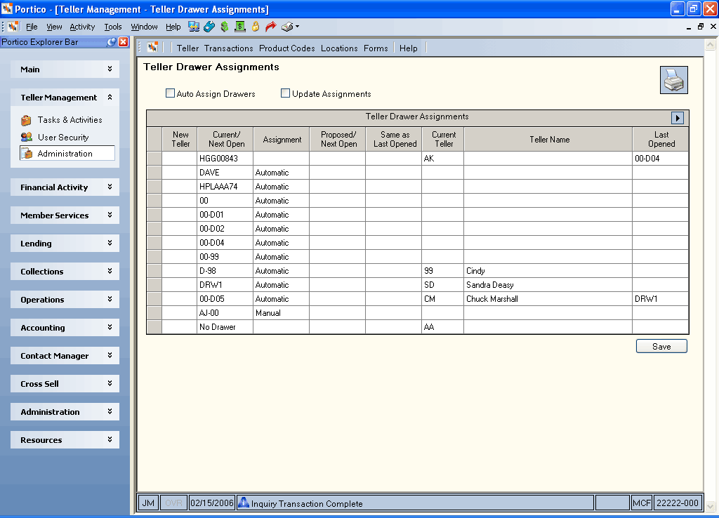 Teller Drawer Assignments