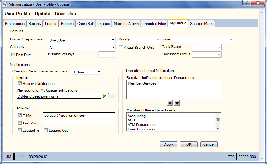 User Profile - Queue Notification