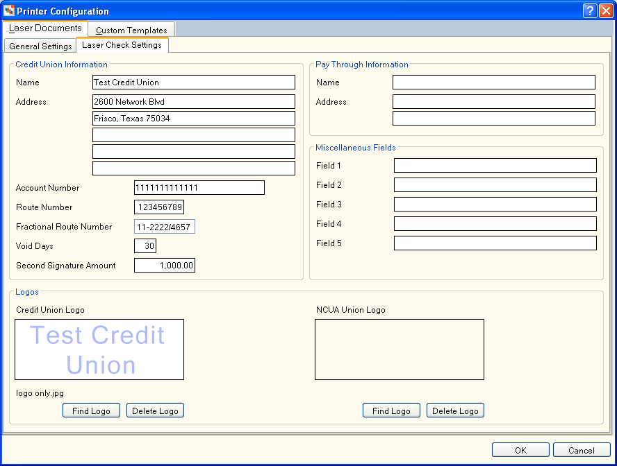 Printer Configuration - Laser Documents - Laser Check Settings