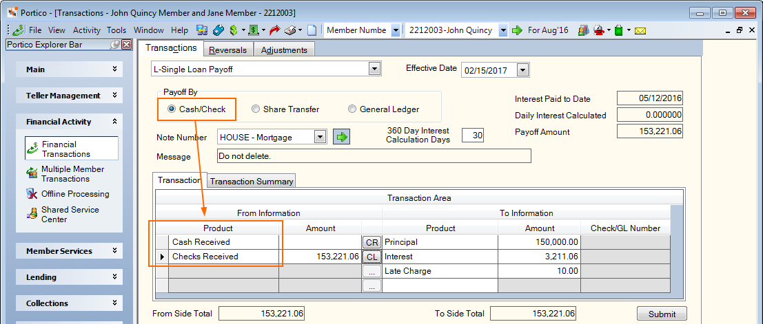 Single Loan Payoff Cash/Check Single Loan Payoff Cash/Check